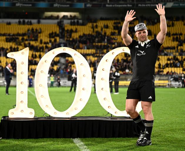 Sam Cane acknowledges the crowd after being presented his 100th Test Cap. Photo: Getty Images 