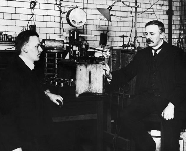 Hans Wilhelm Geiger (left) and Ernest Rutherford at the Schuster Laboratory, Department of...