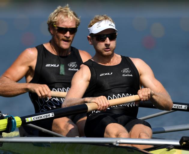 Eric Murray (left) and Hamish Bond on the way to winning their men’s pair semifinal at the Lagoa Stadium in Rio de Janeiro. Photo: Getty Images 