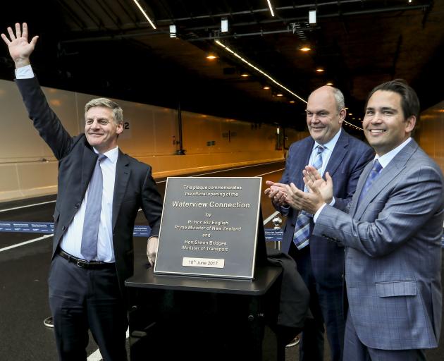 From left: Bill English, Steven Joyce and Simon Bridges at the opening of Auckland's Waterview...