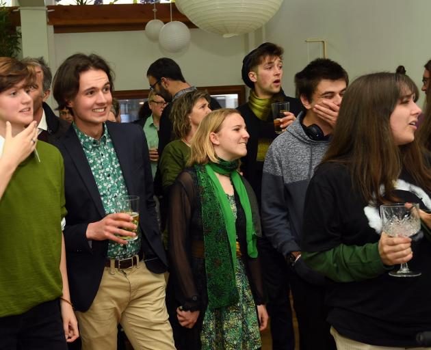 Green Party supporters at the Kind Kitchen in Dunedin earlier tonight. Photo: Stephen Jaquiery 