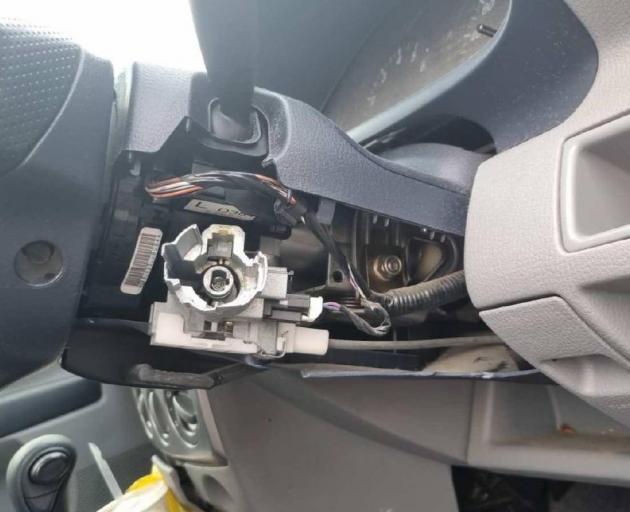 The damaged ignition of a recently stolen Mazda Demio in Christchurch. Photo: NZME