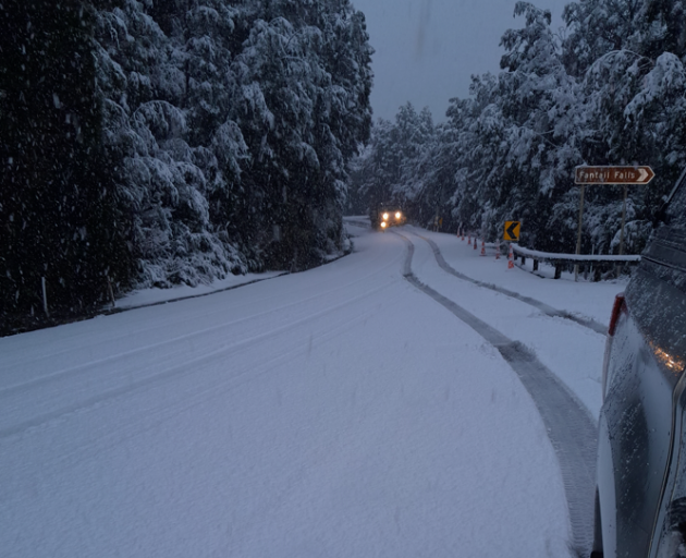 Snow on the Haast Pass, SH6, West Coast side earlier today. Photo: NZTA