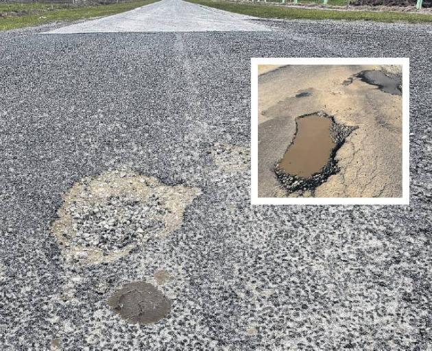 A pothole is starting to reform where a giant pothole (inset) was previously repaired. Photos:...