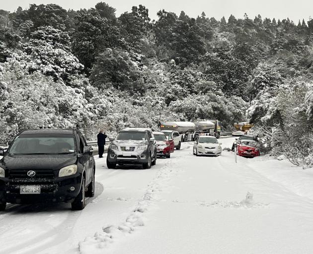 Cars stuck on Dunedin's Northern Motorway yesterday. Photo: Nicola McGrouther