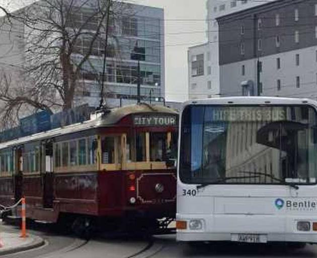 A bus and a tram have collided in central Christchurch. Photo: Supplied