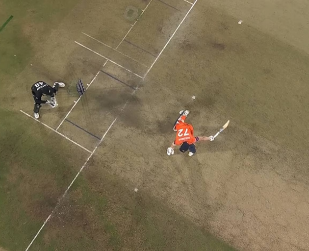 A view from above as Tom Latham receives the ball behind the line of the stumps. Photo / Sky Sport