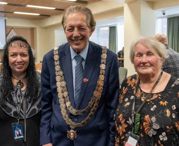 Evelyn Cook (right) with fellow mana whenua representative Pania Coote and former mayor Sir Tim...