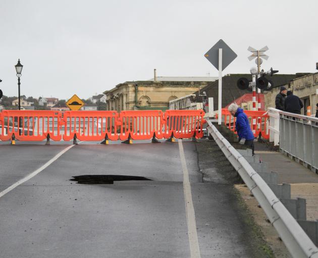 A hole has opened up on the Humber St bridge in Oamaru. Photo: Hamish MacLean