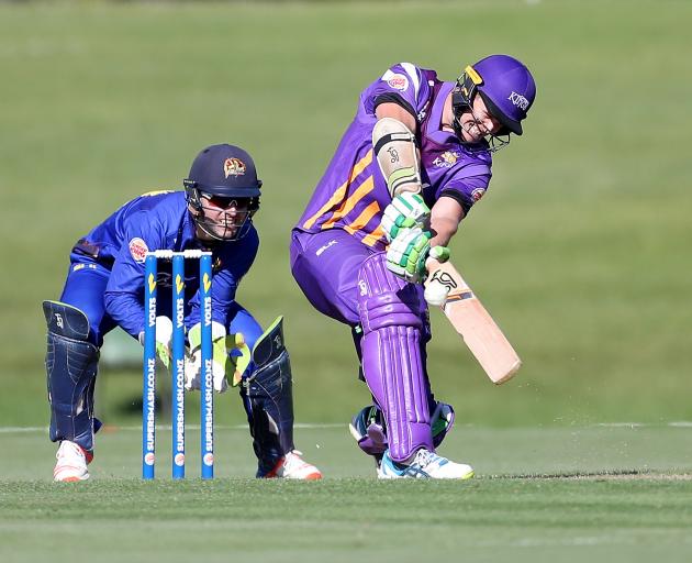 Nick Kwant of Canterbury hits a six during the Twenty20 Supersmash match between Otago and...