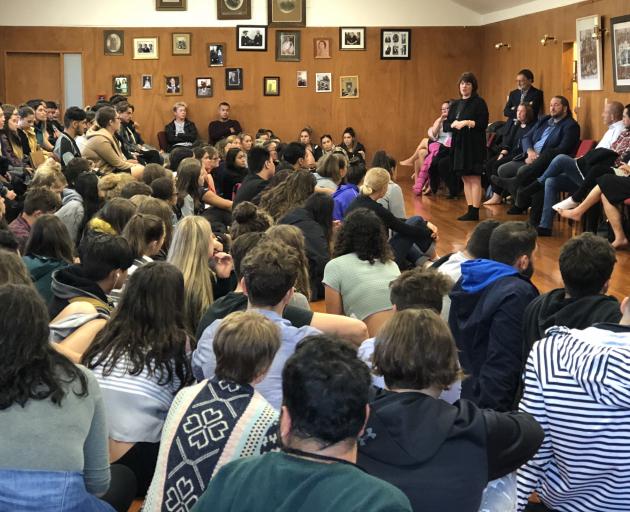 First-year students squeeze into Puketeraki Marae yesterday for a welcoming University of Otago...