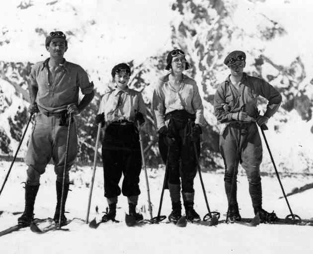 Members of the Otago University ski team 1930, Geoffrey Orbell first on left, Sheila Houston...