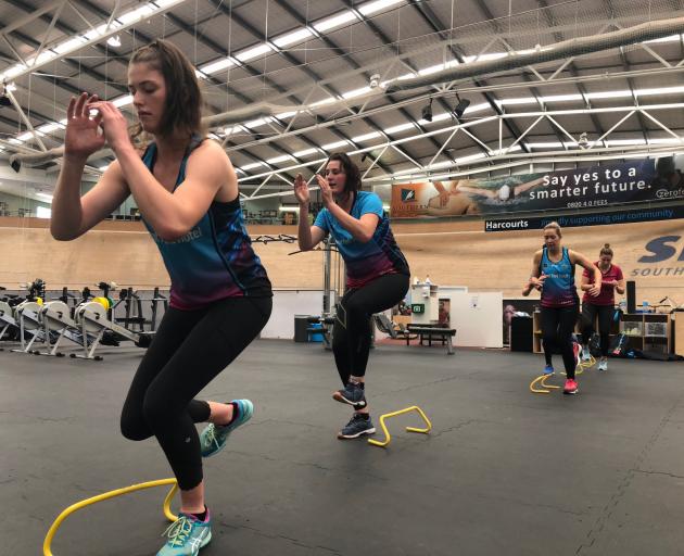 Southern Steel players (from left) Kate Heffernan, Jennifer O'Connell, Kendall McMinn, Abby Erwood (hidden) and Te Huinga Reo Selby-Rickit train in Invercargill yesterday. Photo: Supplied