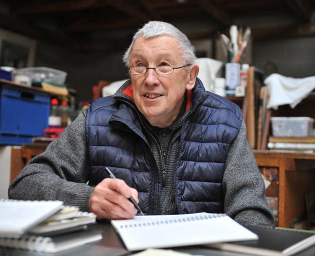 Dunedin printmaker Barry Cleavin (78) draws at his Portobello workshop. Photo: Gregor Richardson