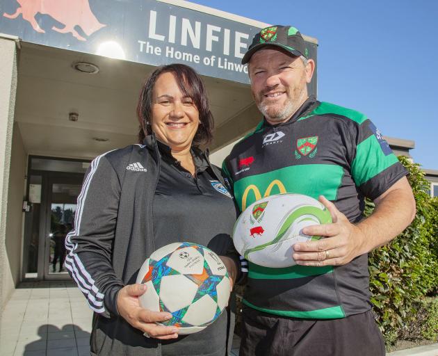 Coastal Spirit administration manager Rowena Scherrer and Linwood rugby manager Aaron Flynn....