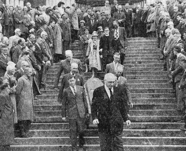 The funeral of James Ward at St Joseph’s Cathedral in Dunedin on February 8, 1962. His wife, Helen Ward, is pictured walking arm in arm with her son, Maurice Ward. PHOTO: STAFF PHOTOGRAPHER