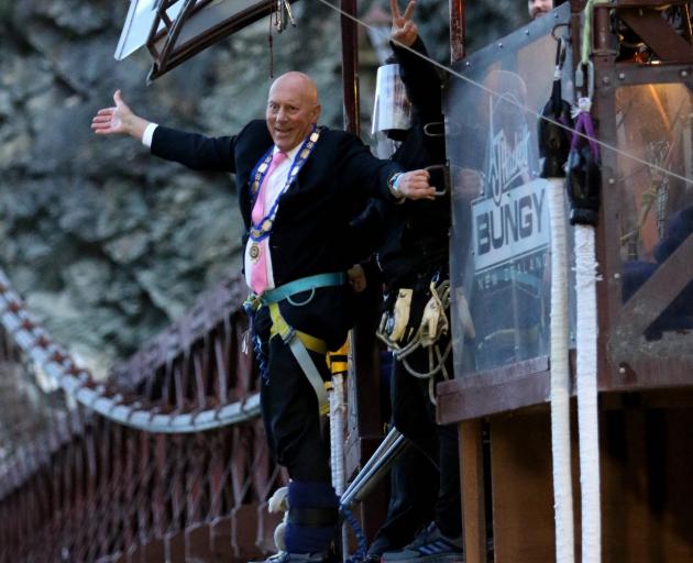 Queenstown Lakes Mayor Jim Boult prepares for a dawn jump from AJ Hackett Bungy’s Kawarau Bridge...