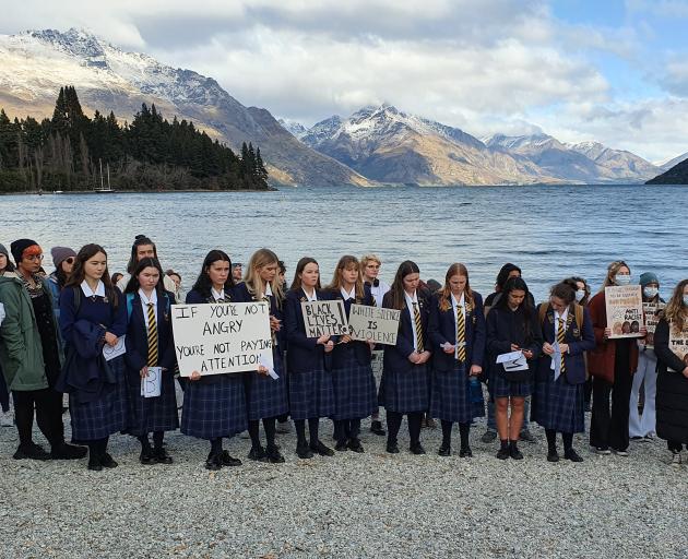 Demonstrators, including school pupils, at a Black Lives Matter protest in Queenstown. Photo:...