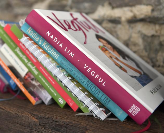 The bookshelf in Nadia Lim’s kitchen.