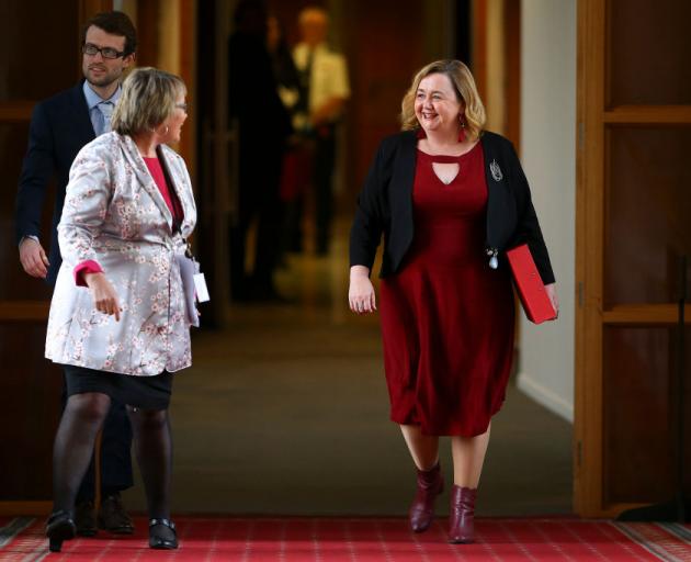 Ministers Tracey Martin and Megan Woods walks to the house during Budget 2020 delivery day at...