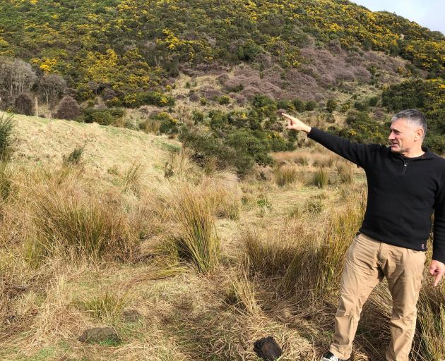 Prof Stirling points out the upthrown side of the Akatore Fault. 