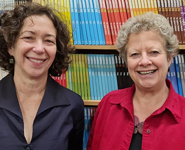 New Otago University Press publisher Dr Sue Wootton (left) and retiring publisher Rachel Scott....