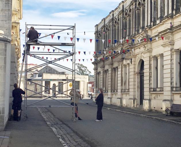Film crew set up in Oamaru’s Victorian precinct for the production of a Netflix movie. PHOTO:...