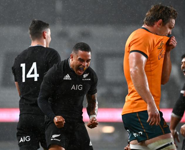 Aaron Smith roars with delight during the All Blacks' record breaking win over the Wallabies at...