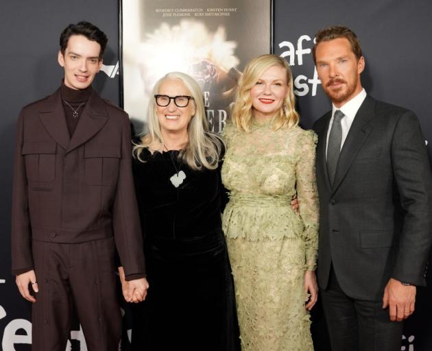 Kodi Smit-McPhee, director Jane Campion, Kirsten Dunst and Benedict Cumberbatch attend the Power Of The Dog Red Carpet. Photo: Getty Images