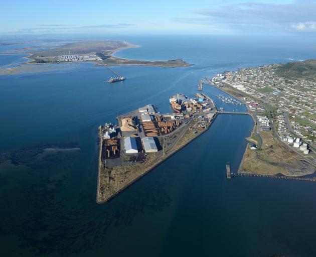 An aerial view of South Port at Bluff showing Tiwai Point aluminium smelter in the background....