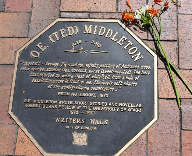 Writers’ Walk Plaques in the Octagon, in Dunedin, for writer the late OE (Ted) Middleton and...