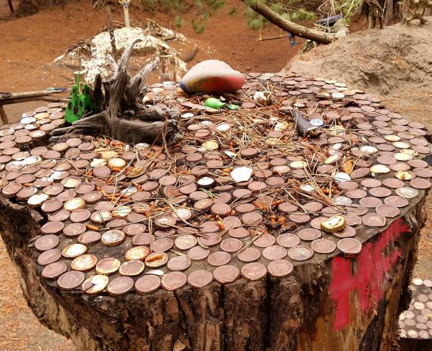 A decorated tree stump bar leaner was one of several features at the site. Photo: White Bus...