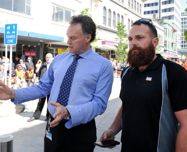 Dunedin Mayor Jules Radich (left) and Isaac Construction site supervisor Chris Moore discuss...