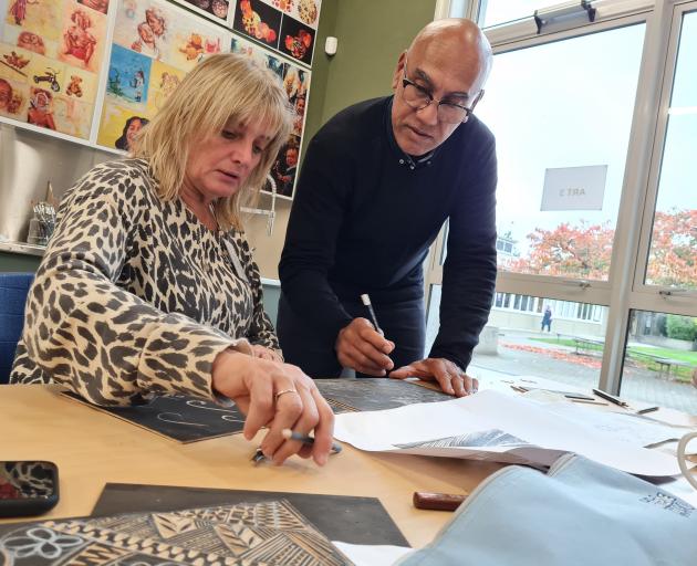 Artist and printmaking tutor Michel Tuffery, of Wellington, with Kath Preston, of Christchurch,...