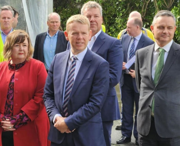 From left, Megan Woods, Chris Hipkins and James Shaw prepare to announce the new deal. Photo: RNZ
