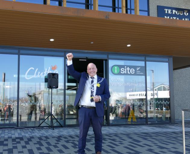 Clutha District Mayor Bryan Cadogan celebrates the opening of the new Te Pou ō Mata-Au Clutha...