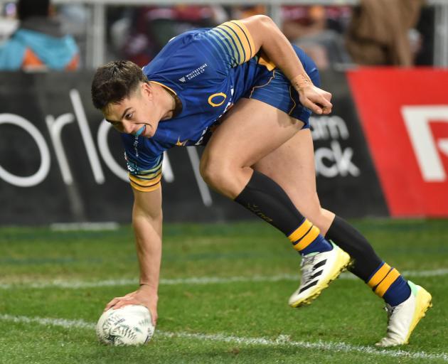 Rookie Otago winger Josh Whaanga scores a try in the first half. PHOTOS: GREGOR RICHARDSON