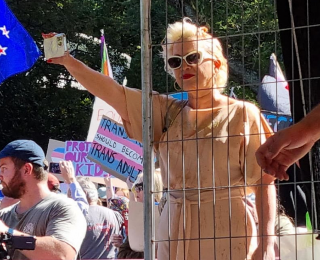 Posie Parker at a rally in central Auckland on March 25 this year. Photo: RNZ 