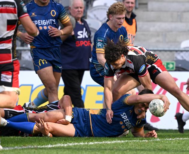 Otago’s Josh Whaanga reaches out to score a try against Counties Manukau in their NPC clash at...