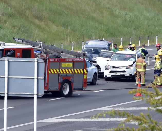 A three-car crash on the Southern Motorway this afternoon. Photo: Peter McIntosh 