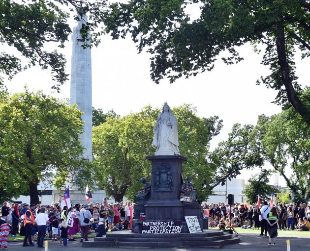 Toitū te Tiriti supporters gather in Queens Garden to voice their concern about the Act Party’s...