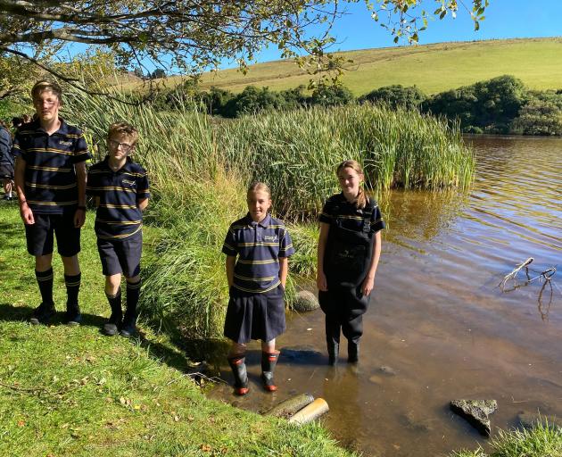 Tahuna Intermediate School pupils (from left) Owen Coppola, 12, Jacob Green, 12, Faith Abbott, 12...