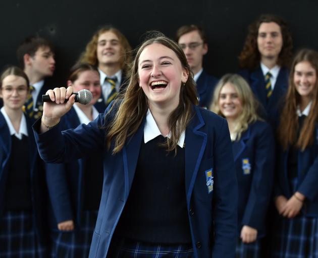 Taieri College pupil Bridey Dalton, 17, doing a microphone check for her grandmother Suzanne...