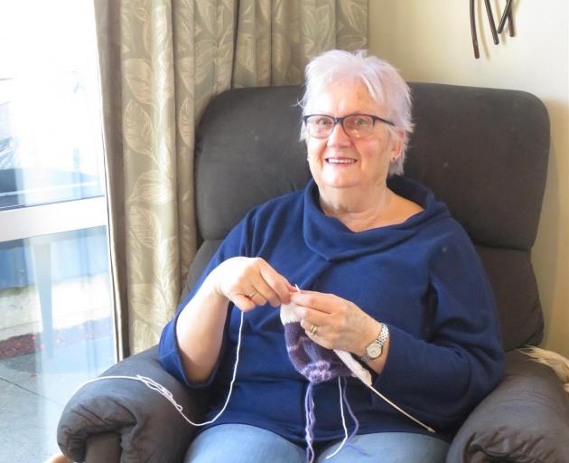 Judy Swaney knitting Humpty Dumpty toys at home for charity. Photo: Supplied