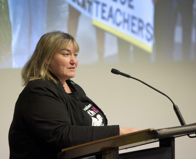 New Zealand Educational Institute Te Riu Roa Dunedin representative Paula Reynolds speaks to a...