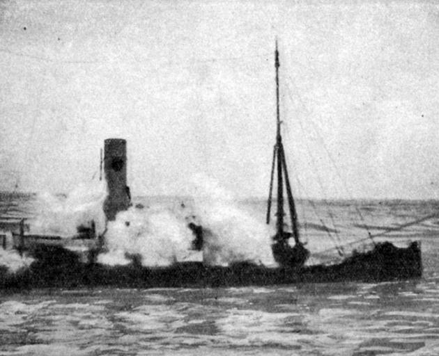 The wrecked Ngahere on Greymouth bar shortly before the crew were rescued. Otago Witness, 27.5.1924 