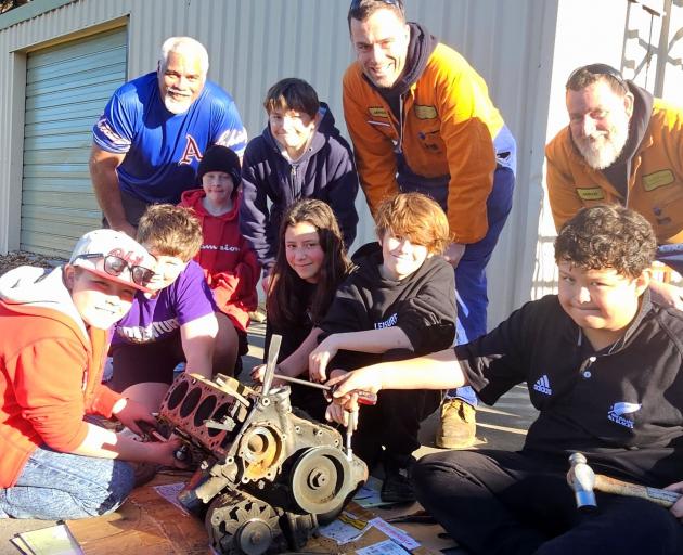 Getting stuck in at the first Timaru South School engineering club session are (from left) James...