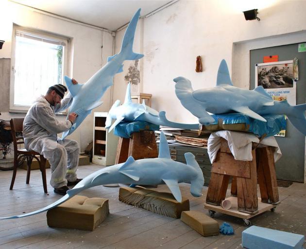 German artist Jorg Mazur works on hammerhead shark models for Museum Wiesbaden; Mazur’s...