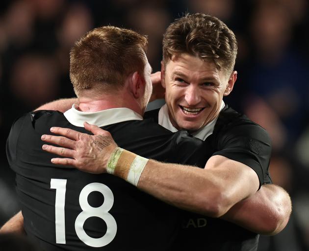 All Blacks Beauden Barrett and Fletcher Newell celebrate New Zealand winning the international...