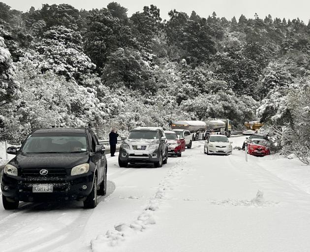 Cars stuck on the Dunedin to Waitati Highway (SH1) at Leith Saddle last July. Photo: ODT Files